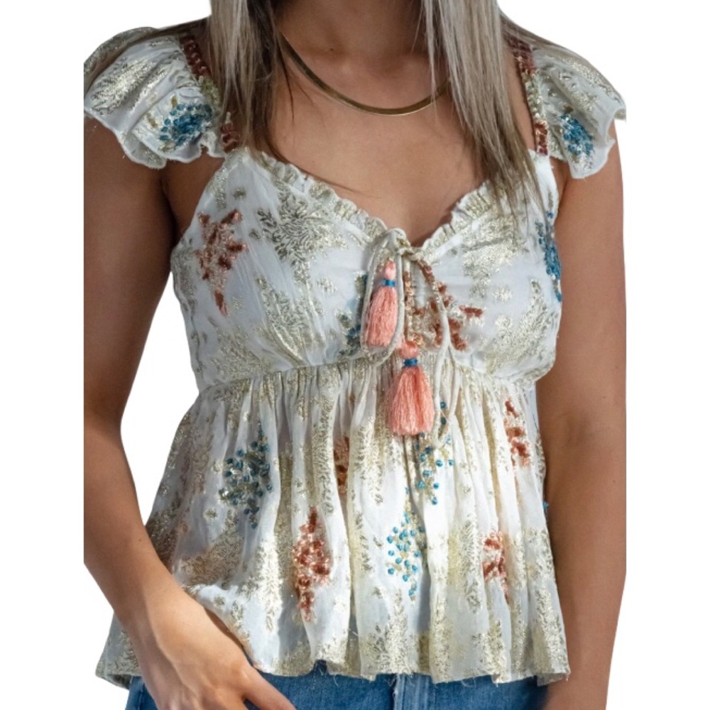 New Free People All That Shimmers XS Gold Blue Sequins Embroidered Jacquard Top